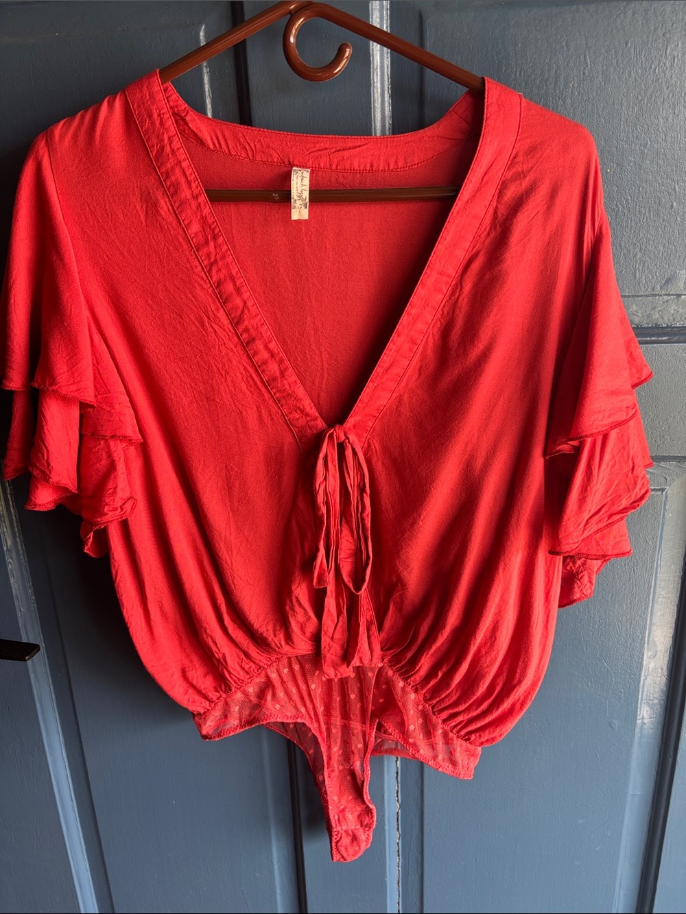 Free People Brick Red V-Neck Tie-Front Ruffle Sleeve Bodysuit